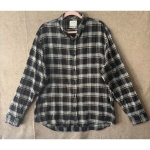 Billy Reid Flannel Shirt Mens Sz XL Black Gray‎ Linen Blend Plaid Slim Fit